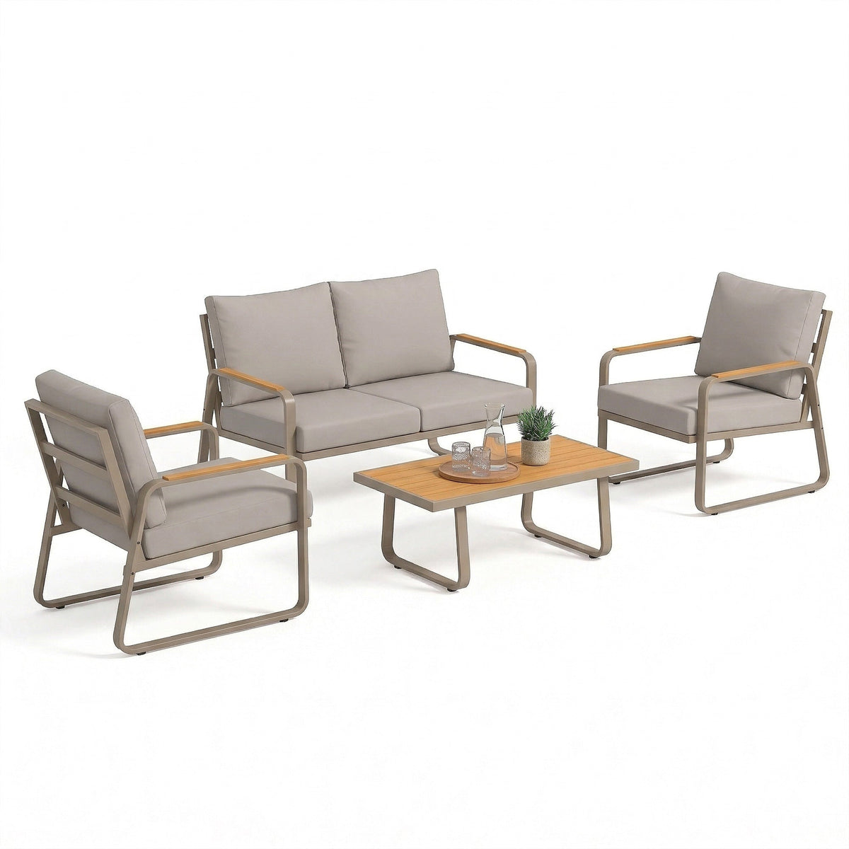 4-Piece Patio Set with Metal Frame and Cushions, Loveseat & 2 Chairs, Brown — product view 1