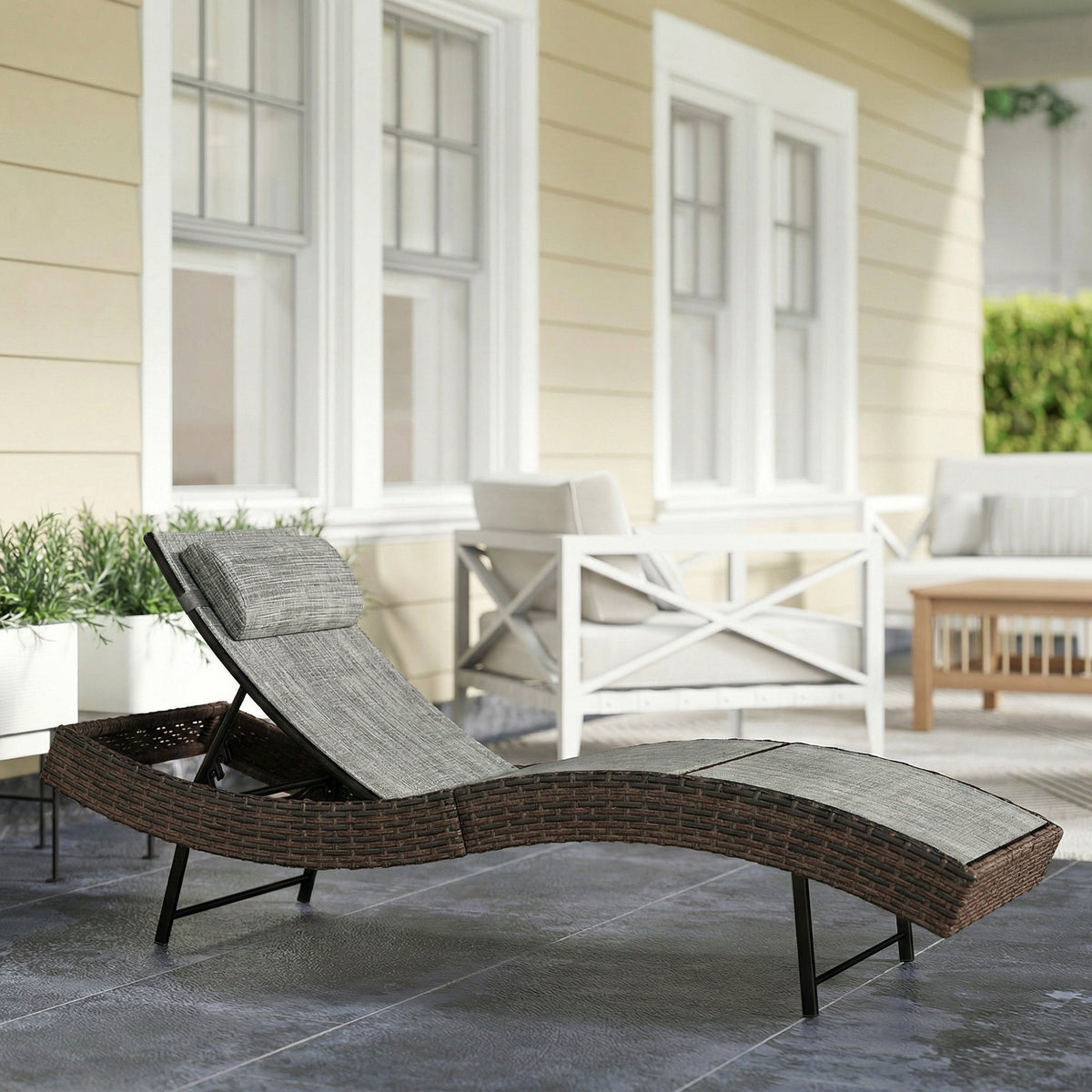 Rattan Sun Lounger with S-Shaped Seat and 5-Position Backrest, Brown — product view 3