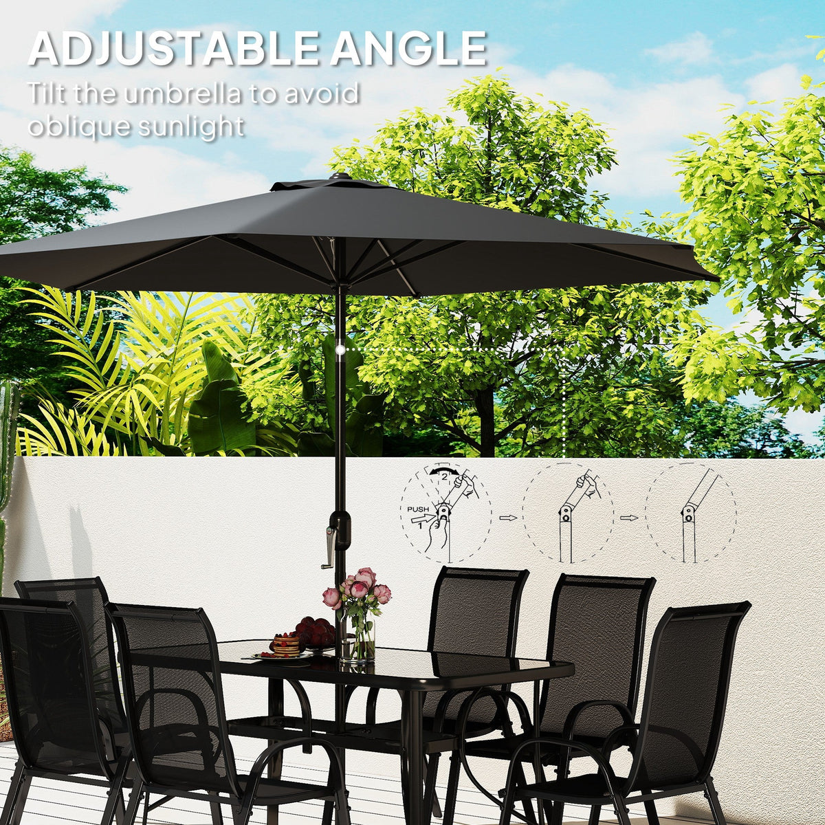 8-Piece Patio Dining Set with 9 Ft Umbrella, Black — product view 7