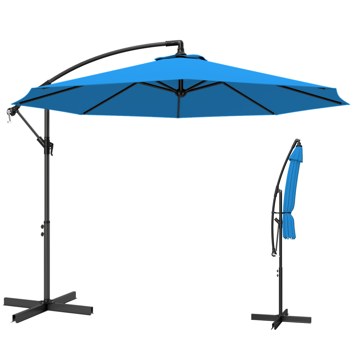 3 m Cantilever Parasol with Cross Base and Crank Handle, Blue — product view 1