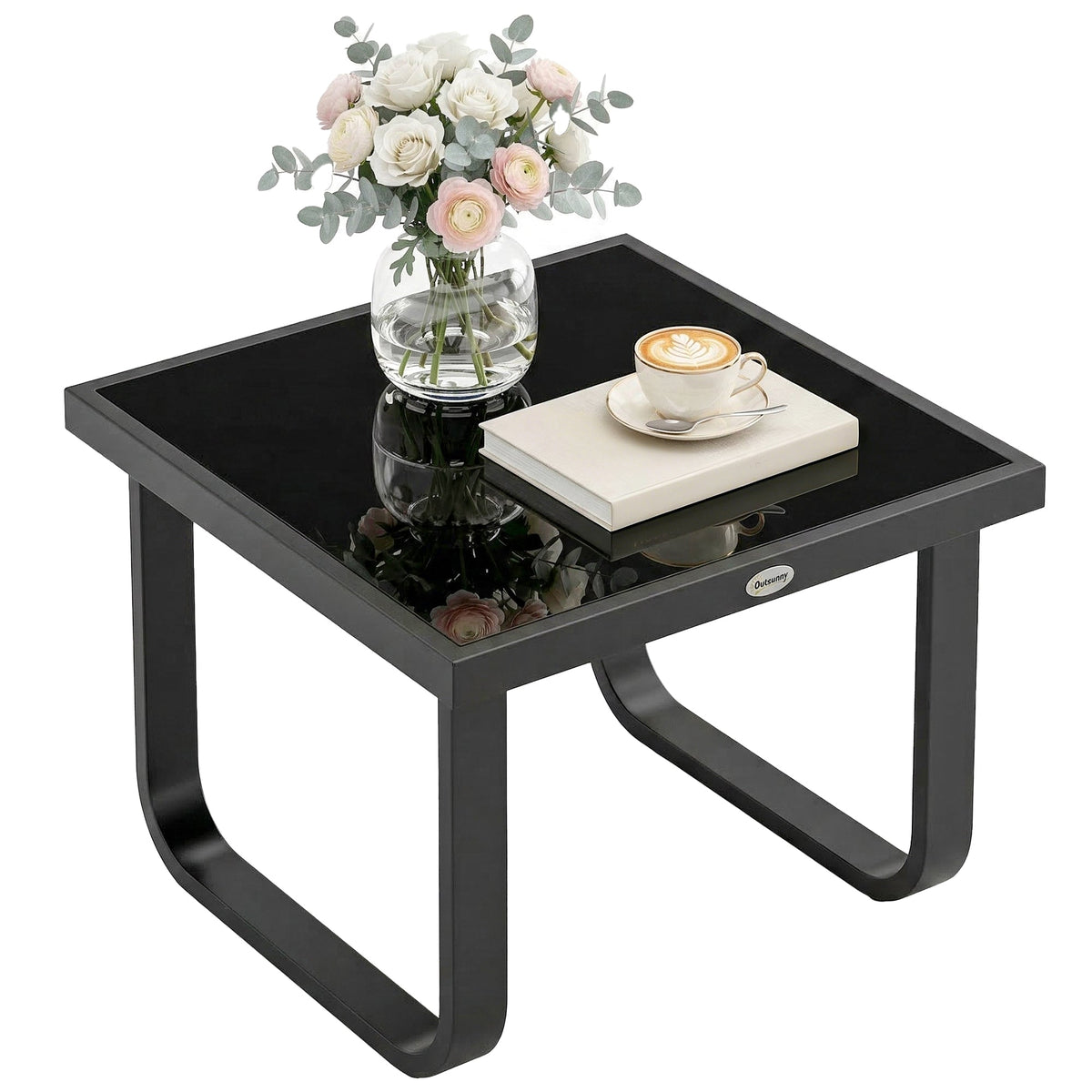 Metal Side Table with Tempered Glass Top & Adjustable Feet, 45x45x33 cm, Black — product view 1