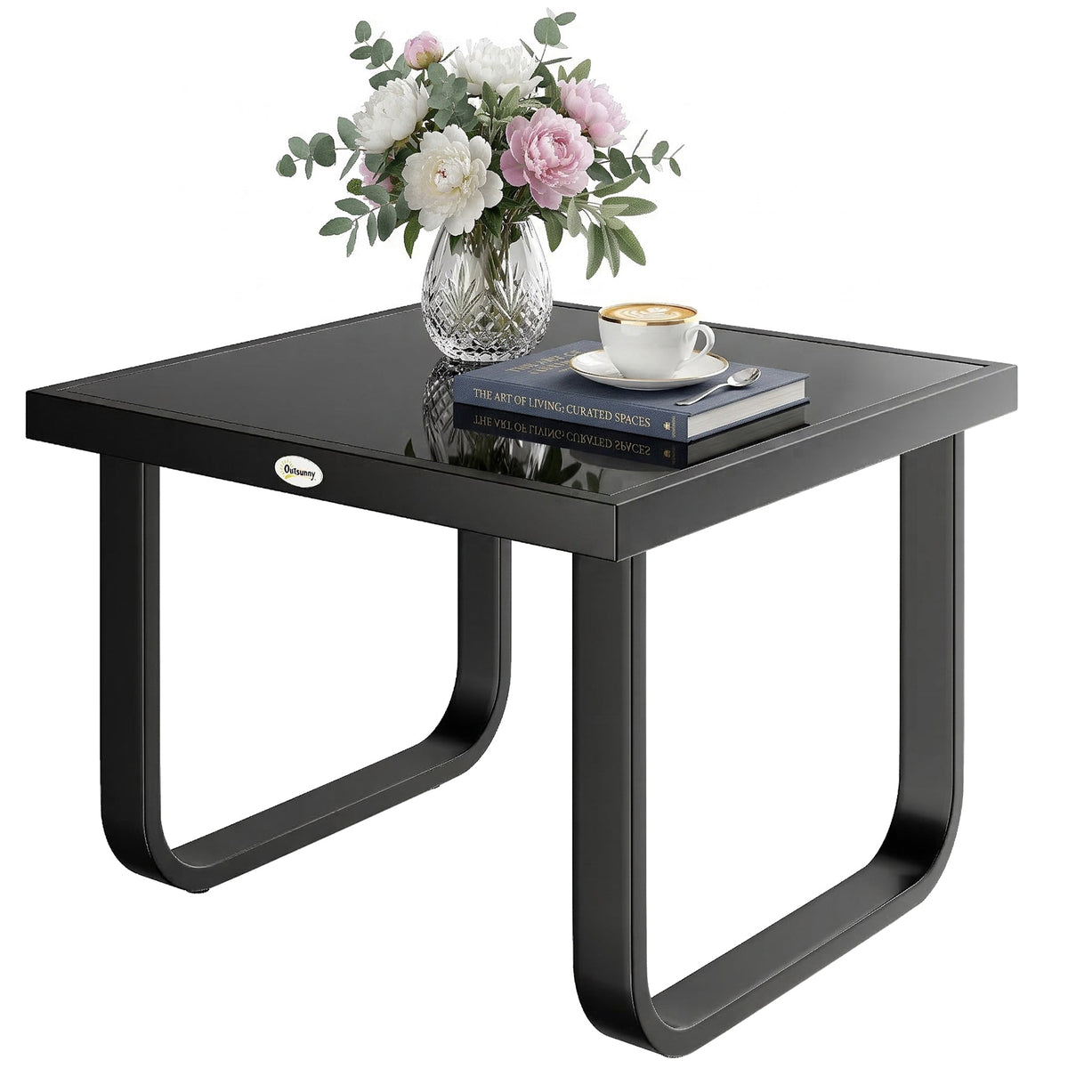 Metal Side Table with Tempered Glass Top & Adjustable Feet, 45x45x33 cm, Black — product view 2