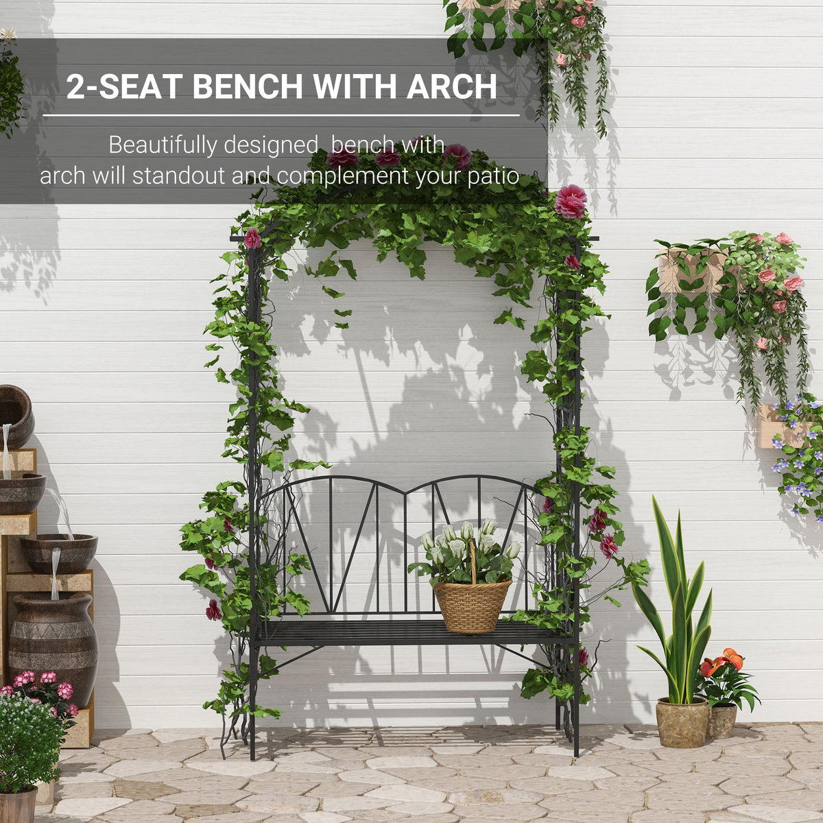 2 Seater Metal Garden Bench with Arch for Climbing Plants, Black — product view 6