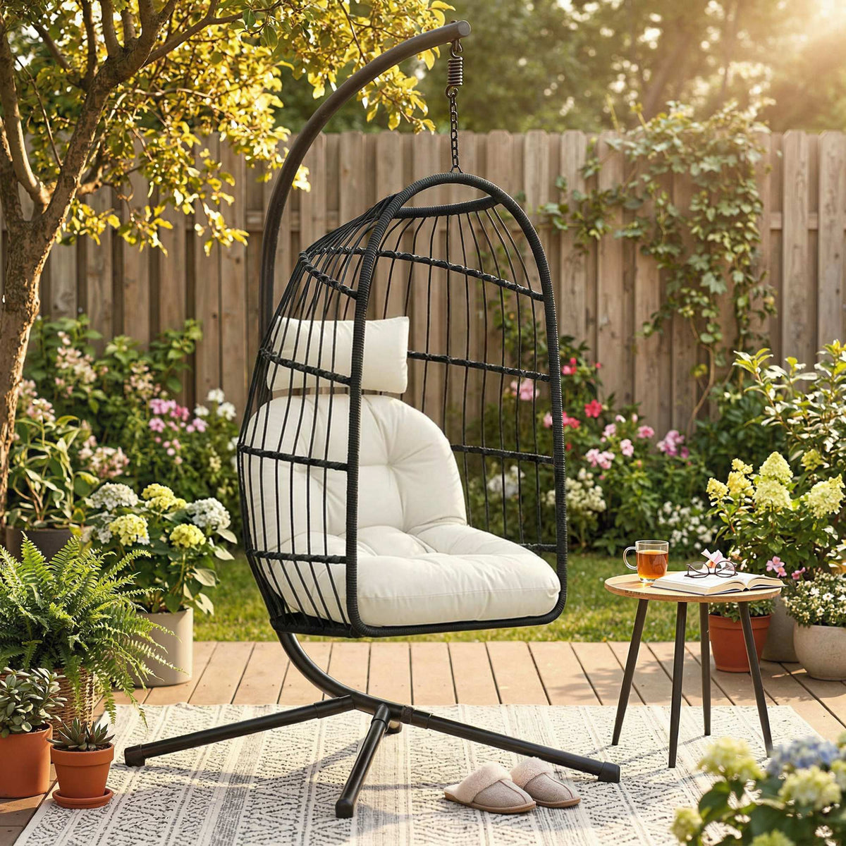 Hanging Egg Chair with Stand, Foldable Basket & Thick Cushion, Adjustable Height — product view 3