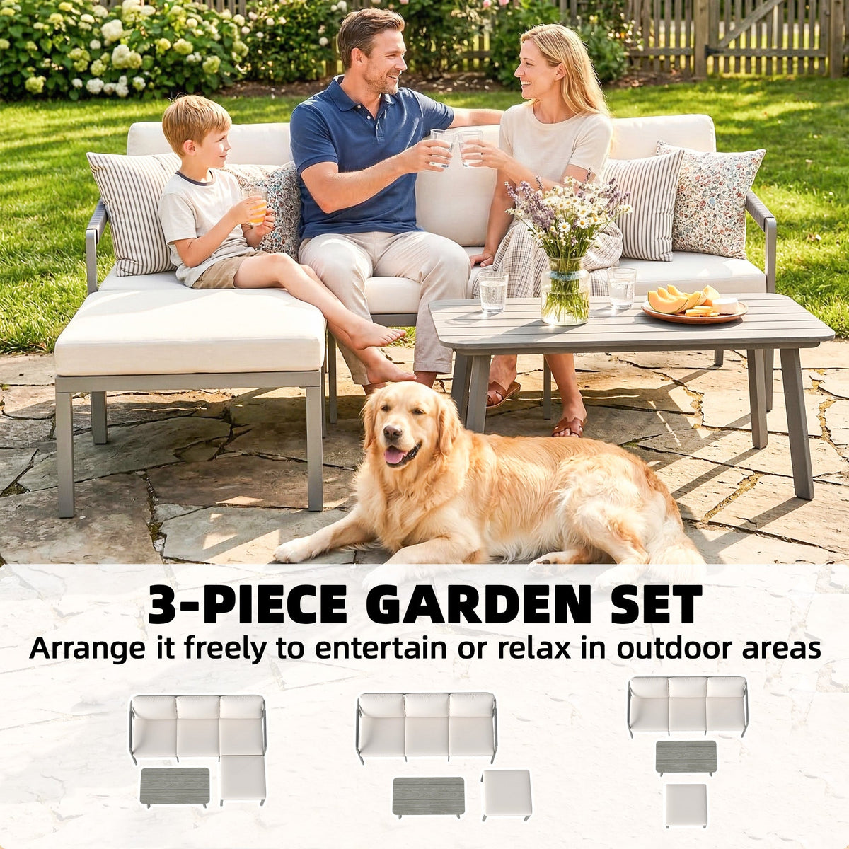 3 Piece Garden Furniture Set with Sofa, Footstool and Coffee Table, Grey — product view 6