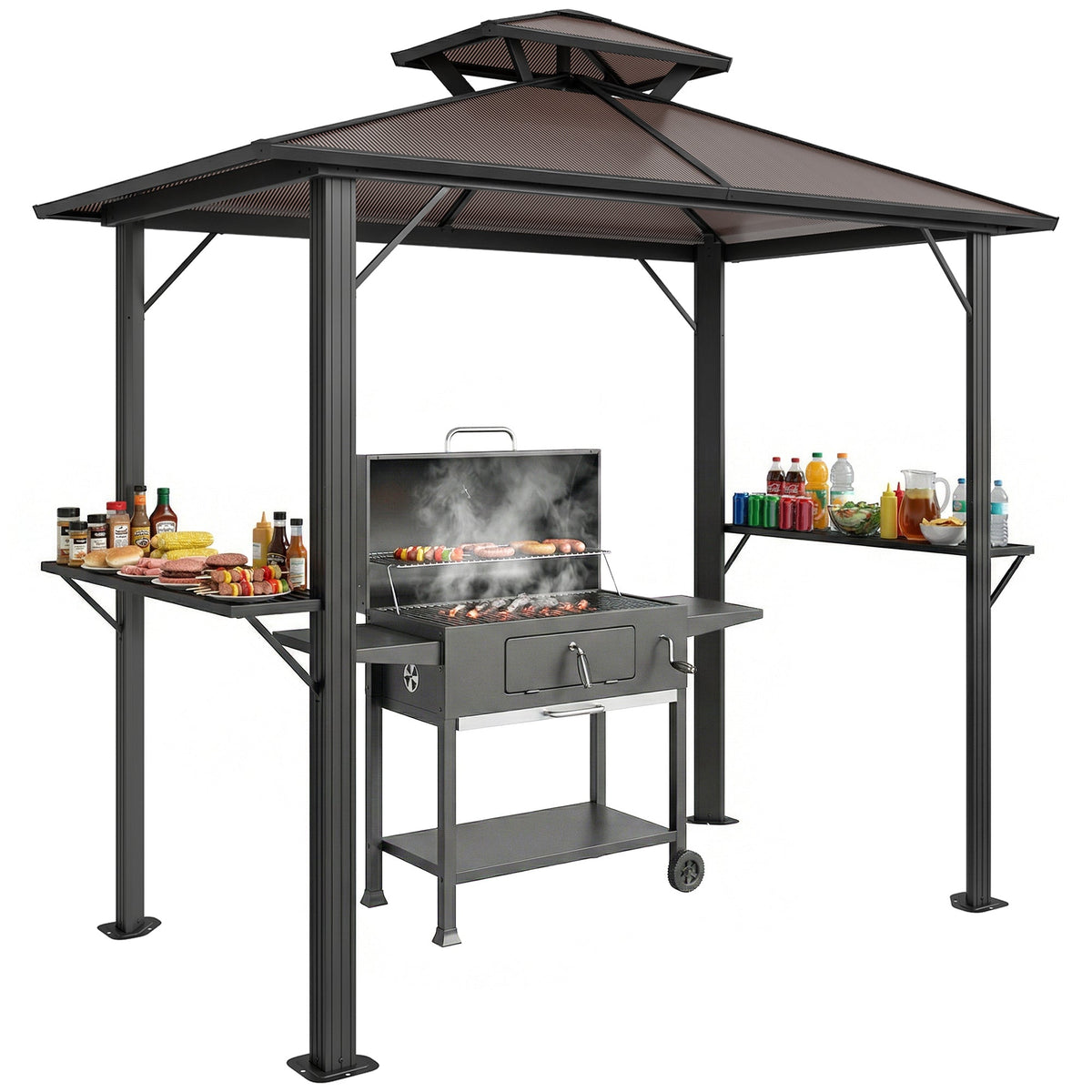 2.5 x 1.5 m Hardtop BBQ Grill Gazebo with 2 Shelves, Brown — product view 1