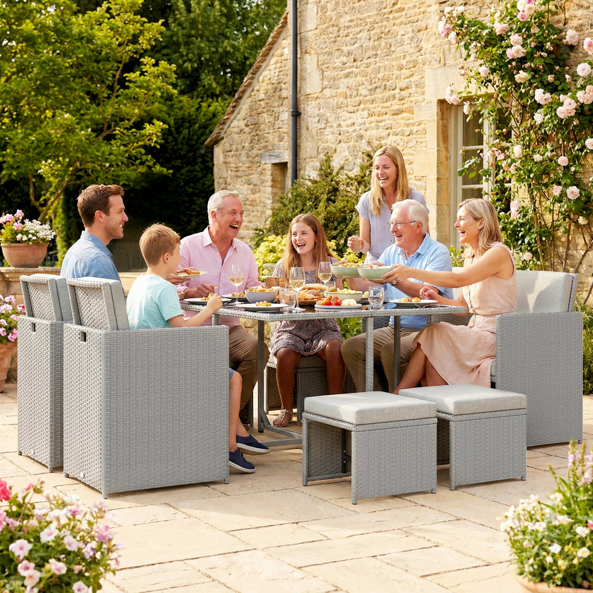 8 Seater Rattan Cube Garden Dining Set with Cushions, Light Grey — product view 4