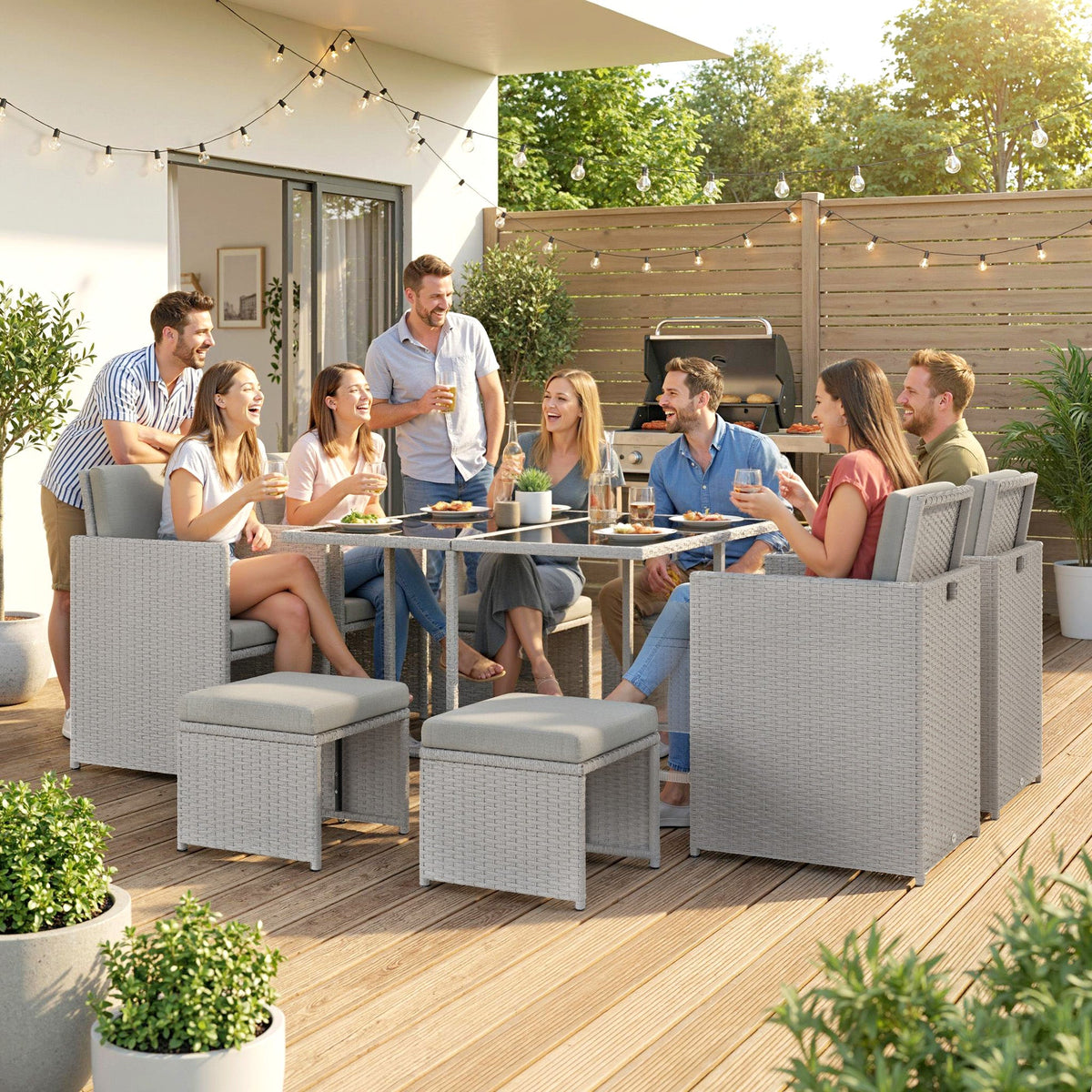 8 Seater Rattan Cube Garden Dining Set with Cushions, Light Grey — product view 3