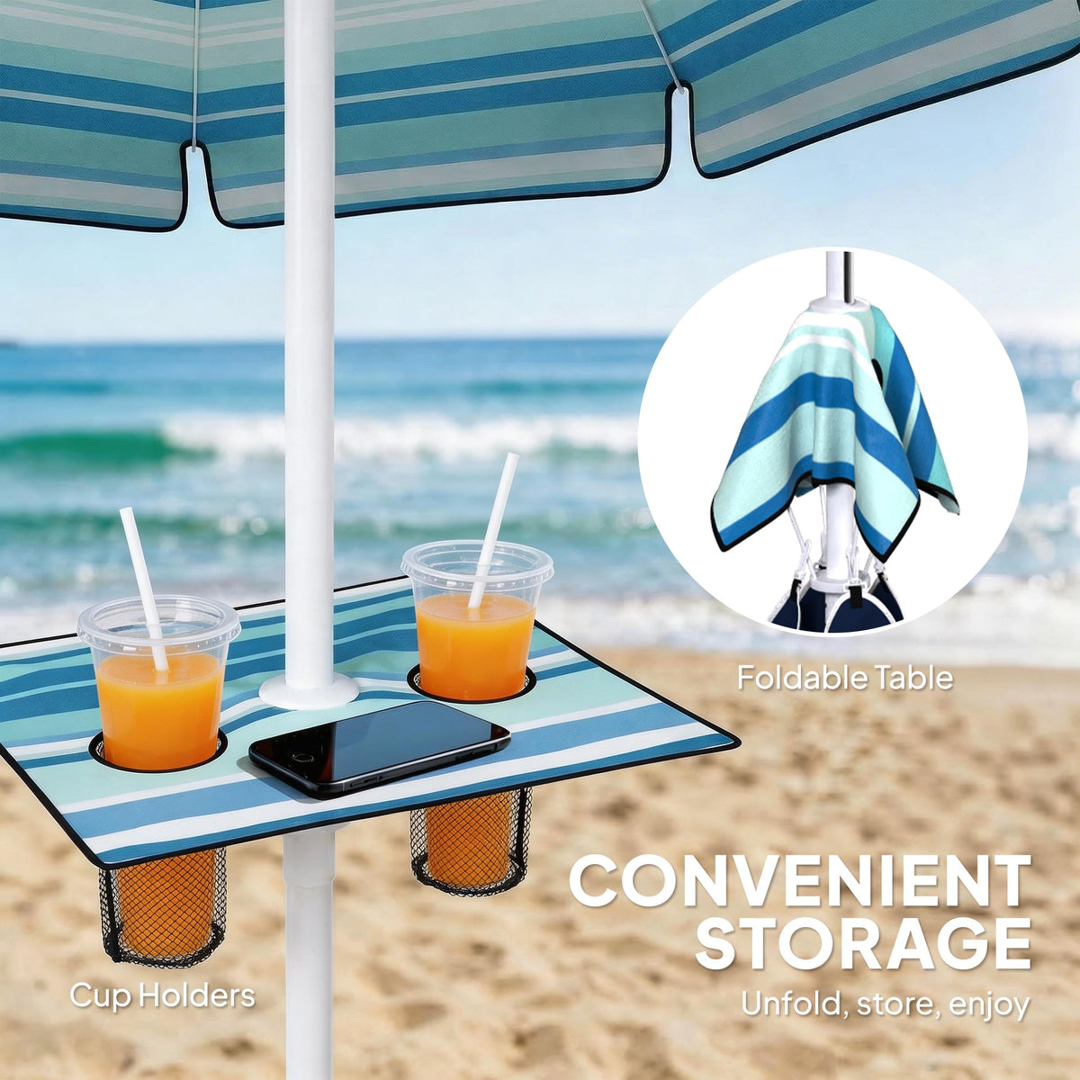 6 ft Portable Beach Umbrella with Foldable Table and Cup Holders, Dark Blue — product view 6