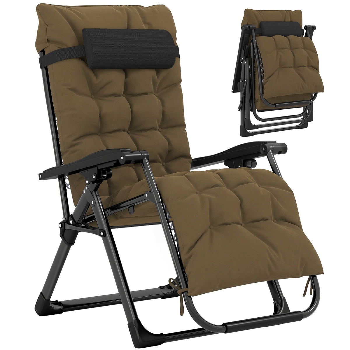 Reclining Zero Gravity Chair with Cushion and Headrest, Khaki — product view 1