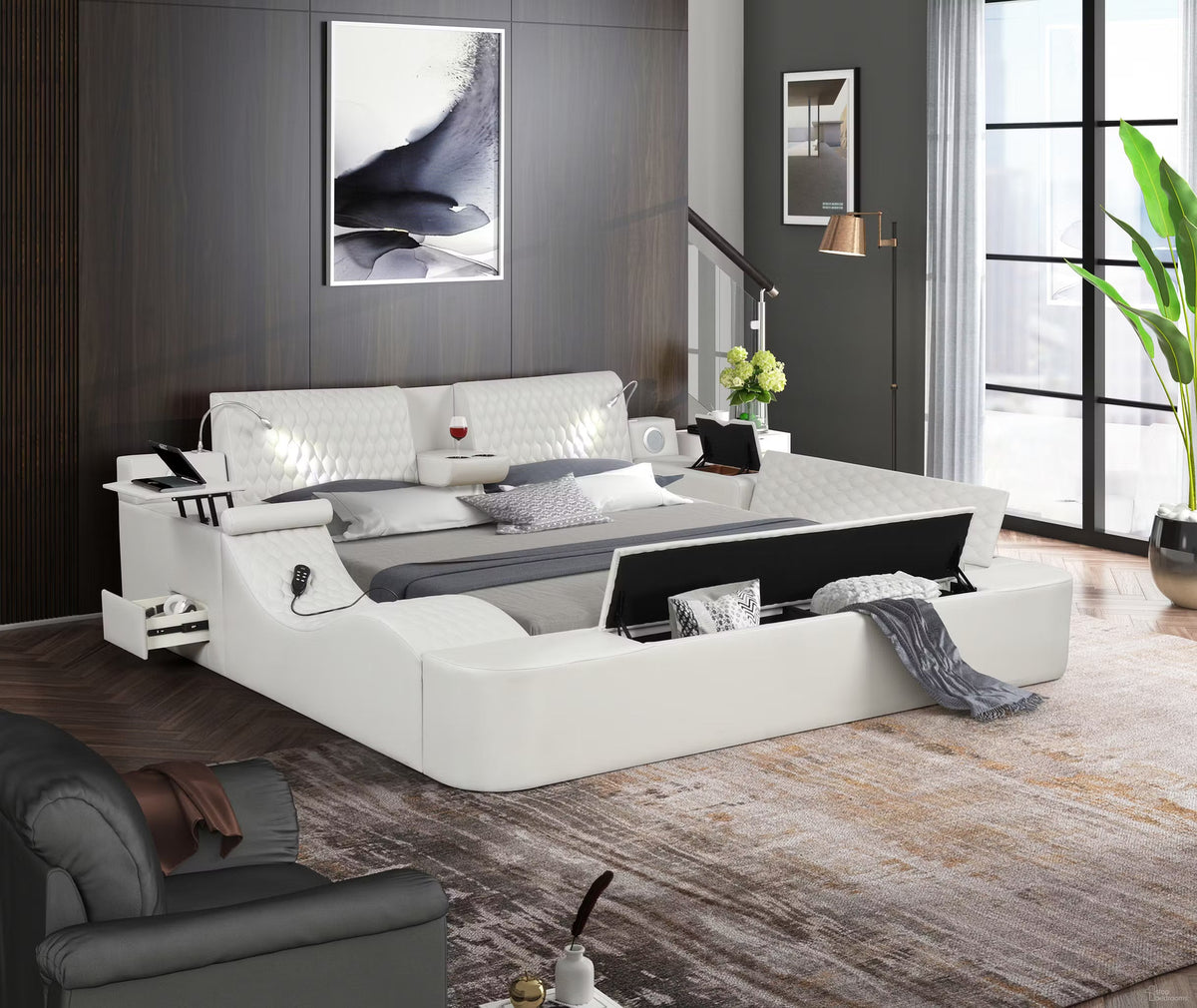 Zoya Ice Faux Leather Modern Queen Bed with Massage Lounge, Bluetooth Speakers & Reading Lights ** Clearance ** — product view 2