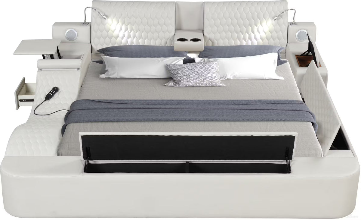 Zoya Ice Faux Leather Modern Queen Bed with Massage Lounge, Bluetooth Speakers & Reading Lights ** Clearance ** — product view 3