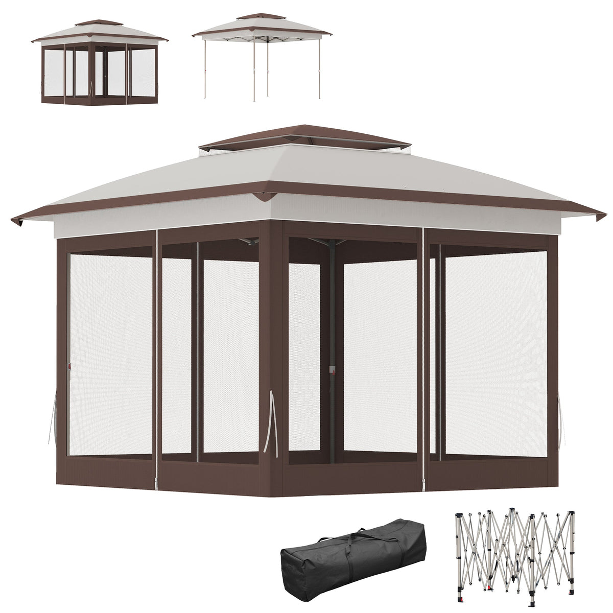12' x 12' Pop-Up Canopy with Mesh Sidewalls, Adjustable Height, Beige Dark Brown — product view 2