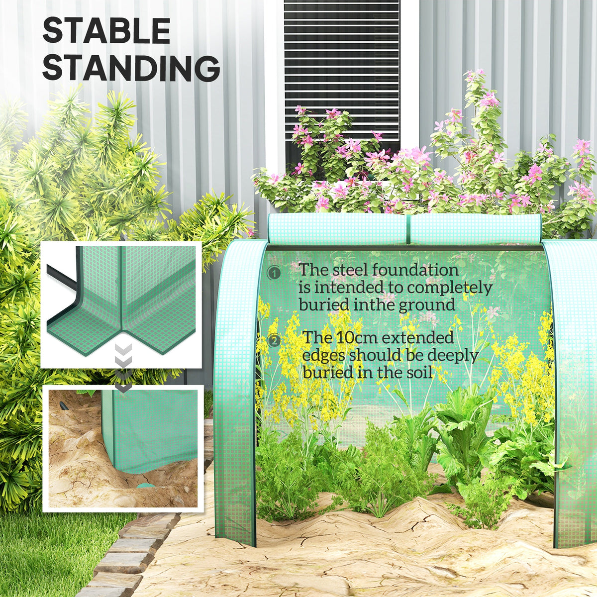 13' L x 3' W x 2.5' H Portable Tunnel Greenhouse with Roll-Up Zippered Doors & UV-Resistant Waterproof PE Cover Green — product view 7