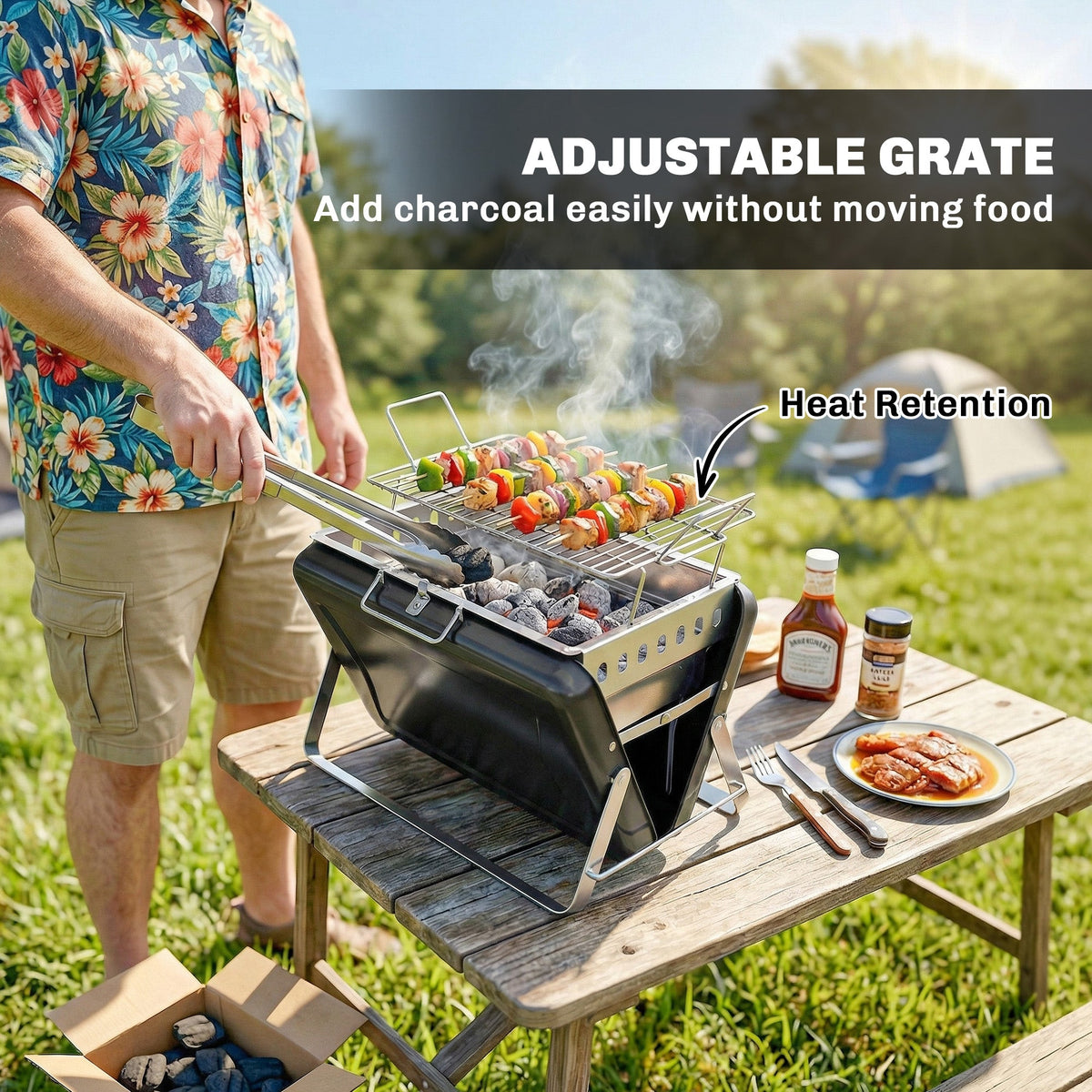 Folding Portable Charcoal BBQ Grill with Handle and Foldable Legs, Black — product view 7