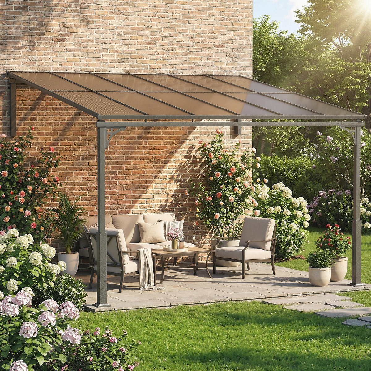 11' x 10' Wall Mounted Lean-to Pergola with Polycarbonate Roof, Brown — product view 4