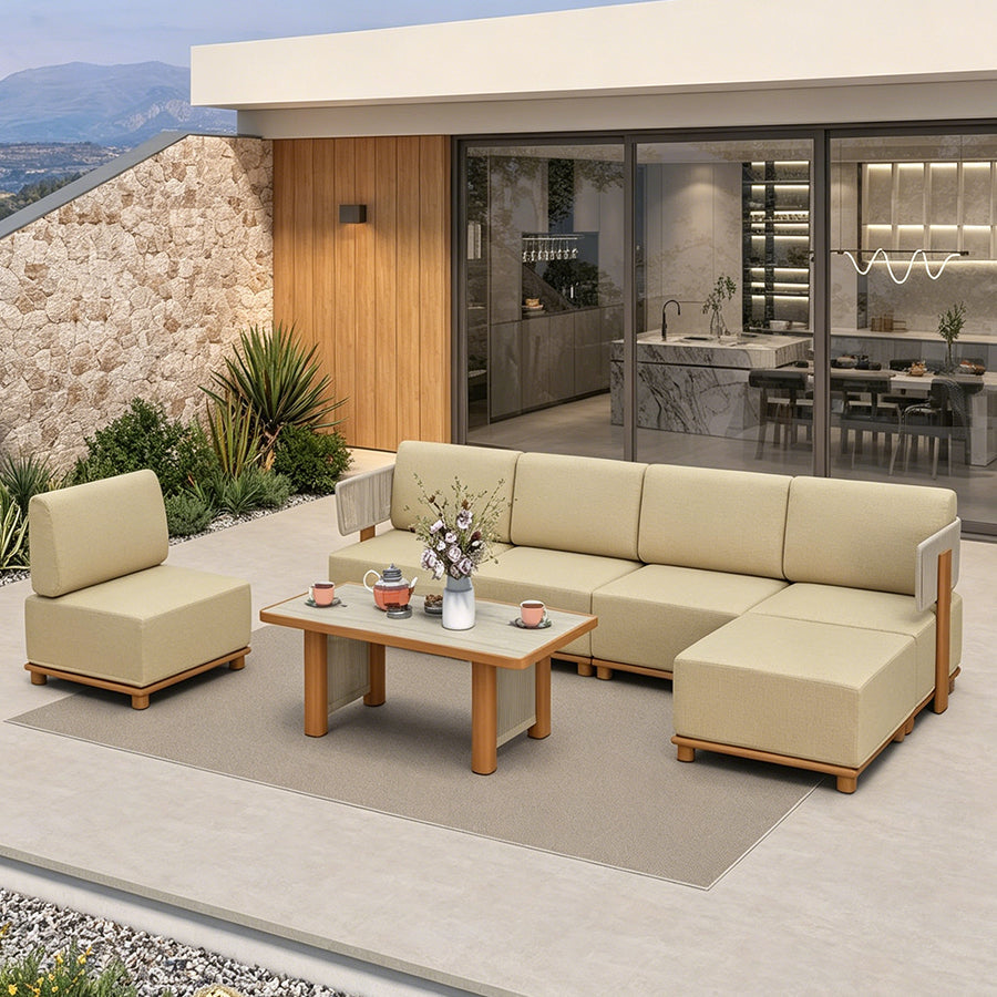 PURPLE LEAF Breck Open-End Modular Outdoor Sectional with Wood-Grain Aluminum Frame and Thick Teak-Colored Cushions for Open-Air Comfort — product view 3