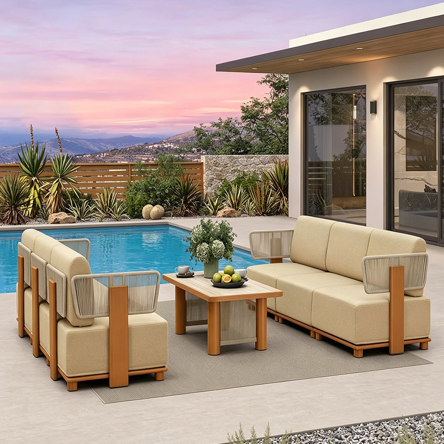 PURPLE LEAF Breck Open-End Modular Outdoor Sectional with Wood-Grain Aluminum Frame and Thick Teak-Colored Cushions for Open-Air Comfort — product view 2