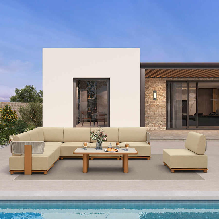 PURPLE LEAF Breck Open-End Modular Outdoor Sectional with Wood-Grain Aluminum Frame and Thick Teak-Colored Cushions for Open-Air Comfort — product view 4
