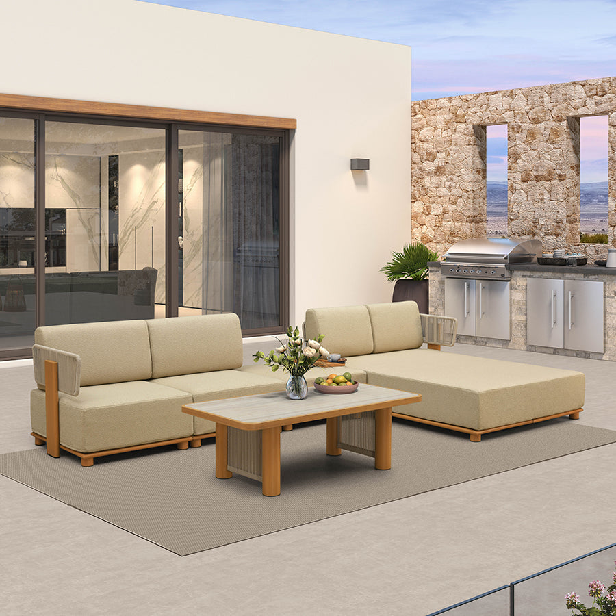 PURPLE LEAF Breck L-Shaped with table Modular Outdoor Sectional with Wood-Grain Aluminum Frame and Thick Teak-Colored Cushions for Luxury Backyard Lounge — product view 3