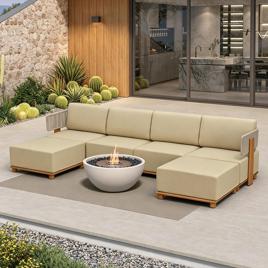 PURPLE LEAF Breck U-Shaped Modular Outdoor Sectional with Wood-Grain Aluminum Frame and Thick Teak-Colored Cushions for Family Entertaining — product view 7