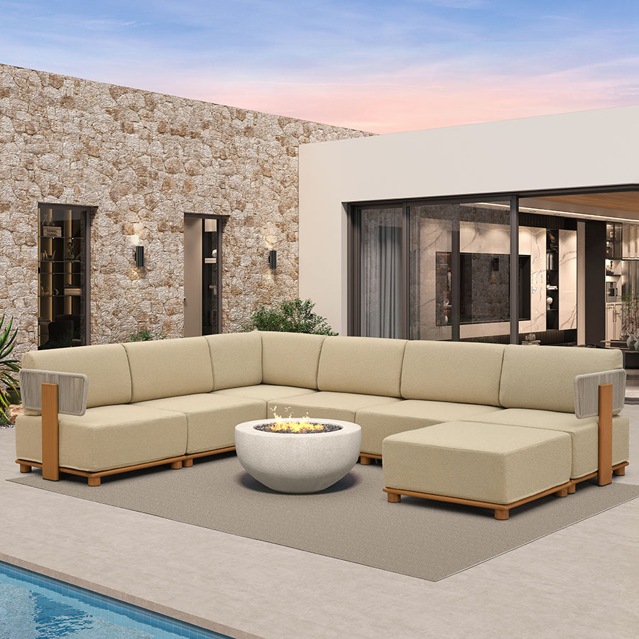PURPLE LEAF Breck U-Shaped Modular Outdoor Sectional with Wood-Grain Aluminum Frame and Thick Teak-Colored Cushions for Family Entertaining — product view 3
