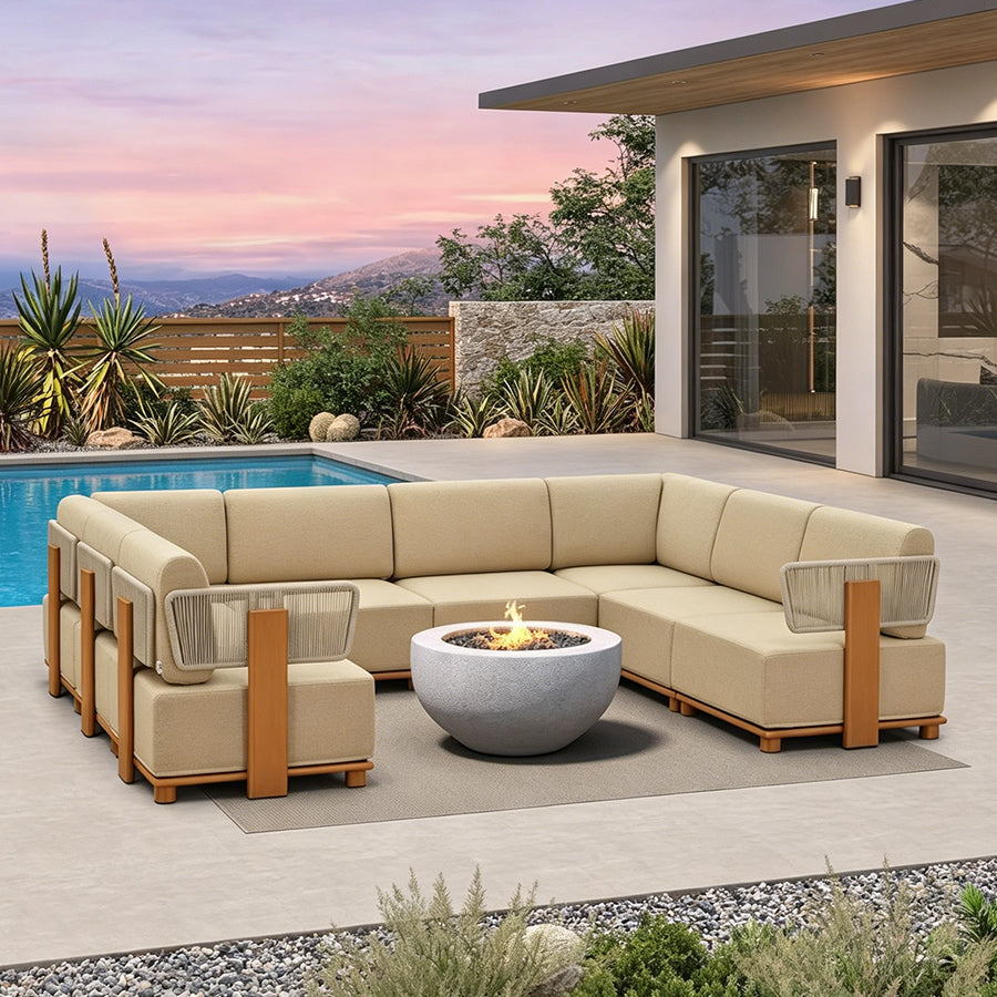 PURPLE LEAF Breck U-Shaped Modular Outdoor Sectional with Wood-Grain Aluminum Frame and Thick Teak-Colored Cushions for Family Entertaining — product view 5