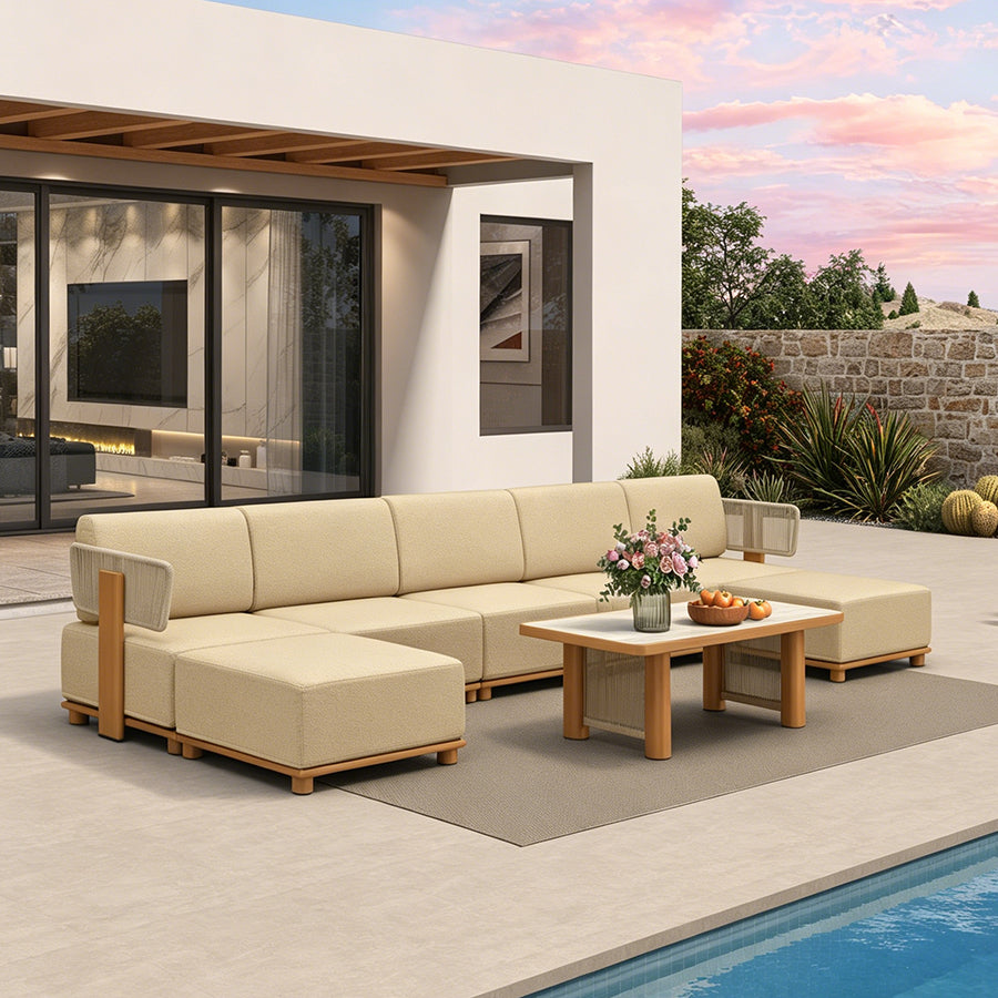 PURPLE LEAF Breck U-Shaped with table Modular Outdoor Sectional with Wood-Grain Aluminum Frame and Thick Teak-Colored Cushions for Family Entertaining — product view 4