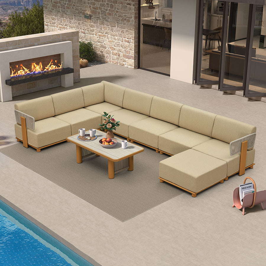 PURPLE LEAF Breck U-Shaped with table Modular Outdoor Sectional with Wood-Grain Aluminum Frame and Thick Teak-Colored Cushions for Family Entertaining — product view 6