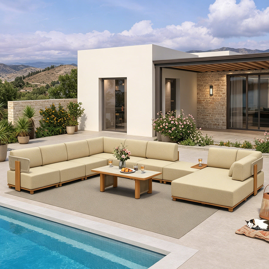 PURPLE LEAF Breck U-Shaped with table Modular Outdoor Sectional with Wood-Grain Aluminum Frame and Thick Teak-Colored Cushions for Family Entertaining — product view 5
