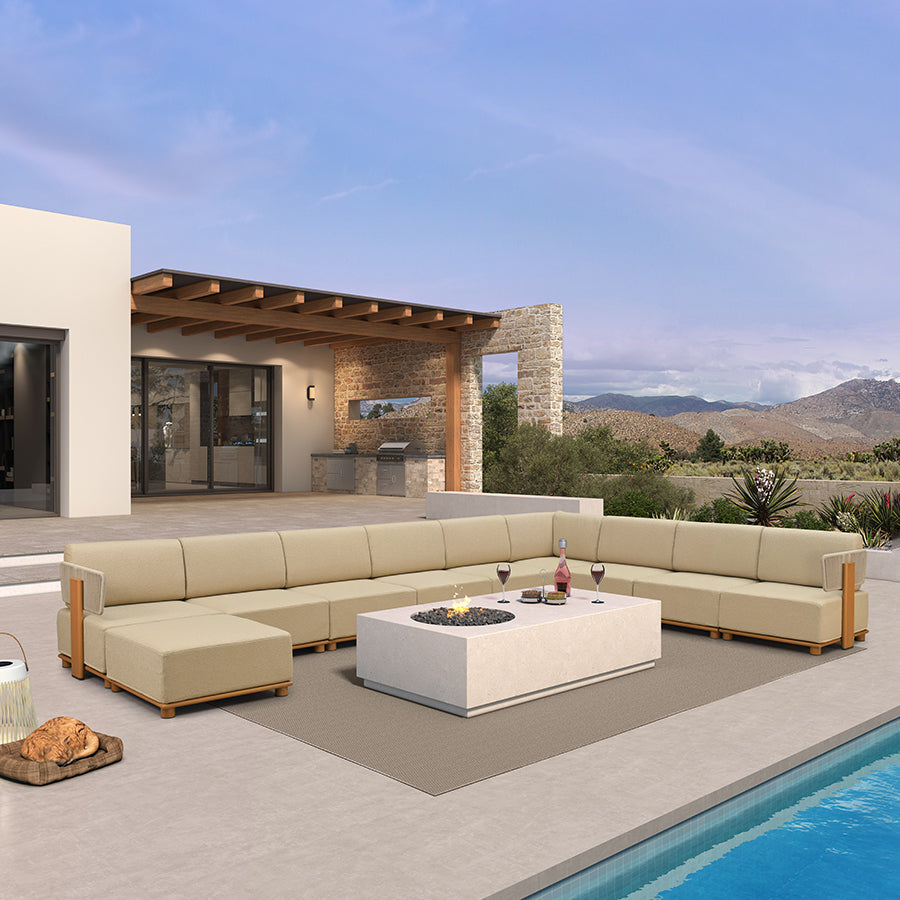 PURPLE LEAF Breck U-Shaped Modular Outdoor Sectional with Wood-Grain Aluminum Frame and Thick Teak-Colored Cushions for Family Entertaining — product view 4