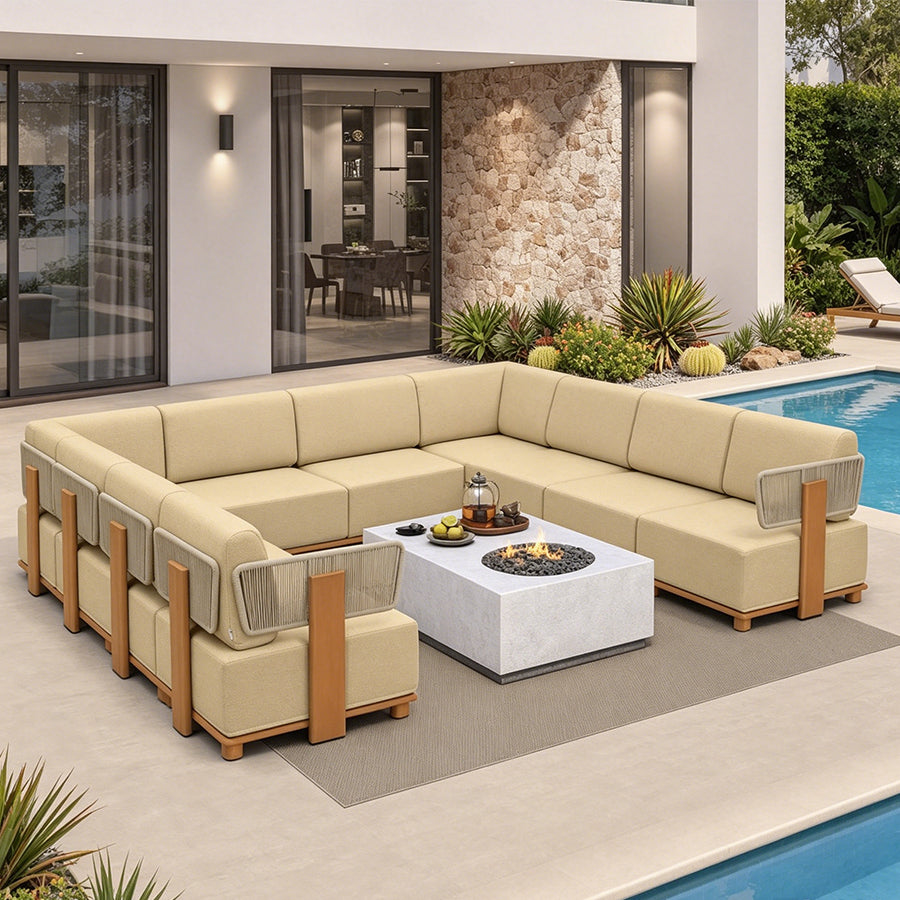 PURPLE LEAF Breck U-Shaped Modular Outdoor Sectional with Wood-Grain Aluminum Frame and Thick Teak-Colored Cushions for Family Entertaining — product view 6