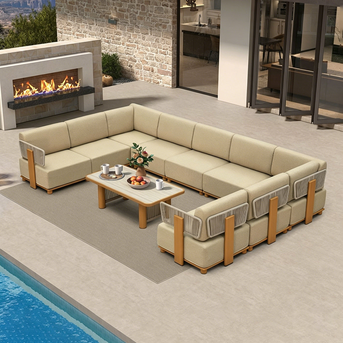 PURPLE LEAF Breck U-Shaped with table Modular Outdoor Sectional with Wood-Grain Aluminum Frame and Thick Teak-Colored Cushions for Family Entertaining — product view 3