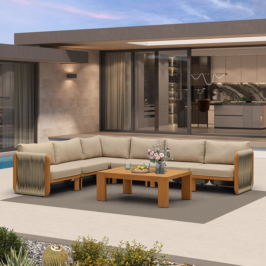 PURPLE LEAF Byron L-Shaped Modular Outdoor Sectional with Wide-Band Woven Design and Wood-Grain Aluminum Frame for Garden Patio — product view 6