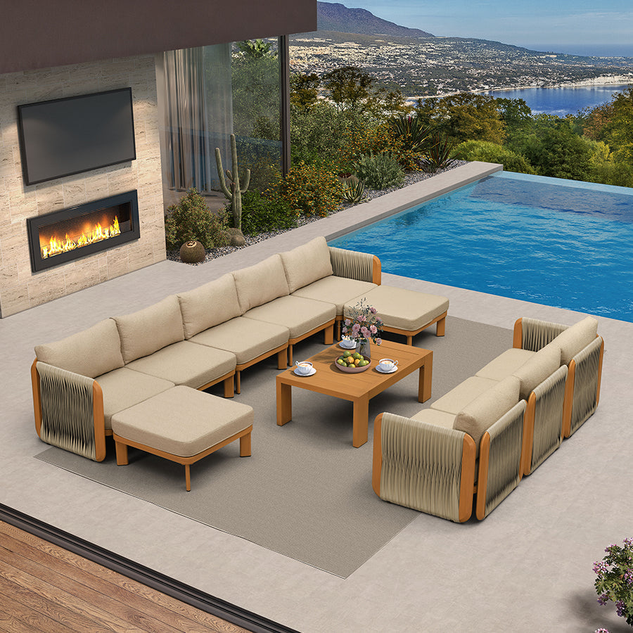 PURPLE LEAF Byron Enclosed Modular Outdoor Sectional with Wide-Band Woven Design and Wood-Grain Aluminum Frame for Luxury Backyard Lounge — product view 1