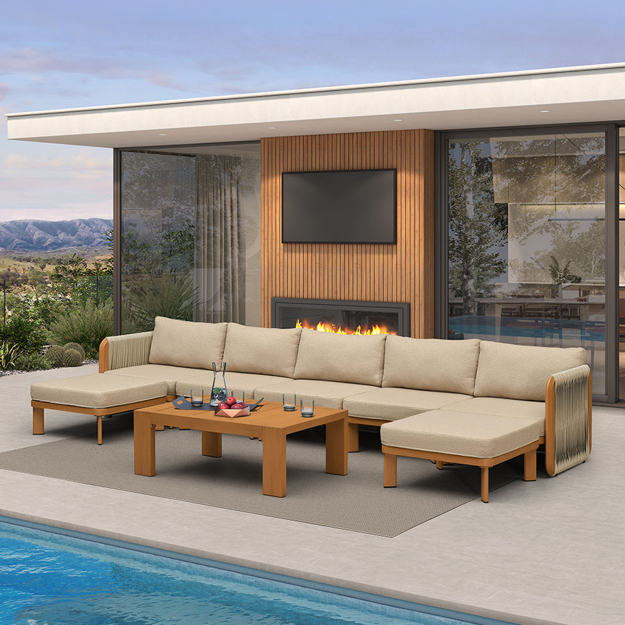PURPLE LEAF Byron U-Shaped Modular Outdoor Sectional with Wide-Band Woven Design and Wood-Grain Aluminum Frame for Outdoor Courtyard — product view 5