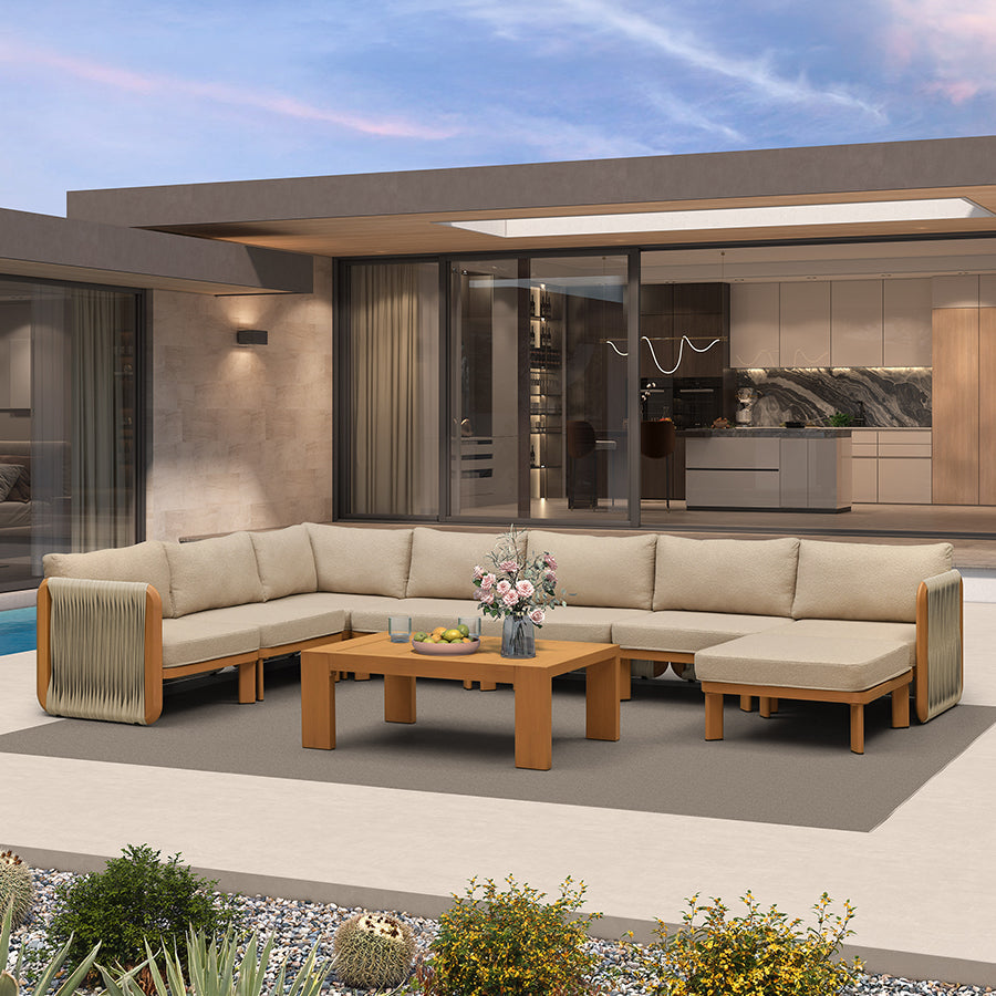 PURPLE LEAF Byron U-Shaped Modular Outdoor Sectional with Wide-Band Woven Design and Wood-Grain Aluminum Frame for Outdoor Courtyard — product view 3