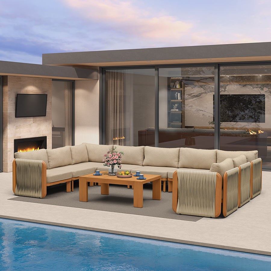 PURPLE LEAF Byron U-Shaped Modular Outdoor Sectional with Wide-Band Woven Design and Wood-Grain Aluminum Frame for Outdoor Courtyard — product view 4