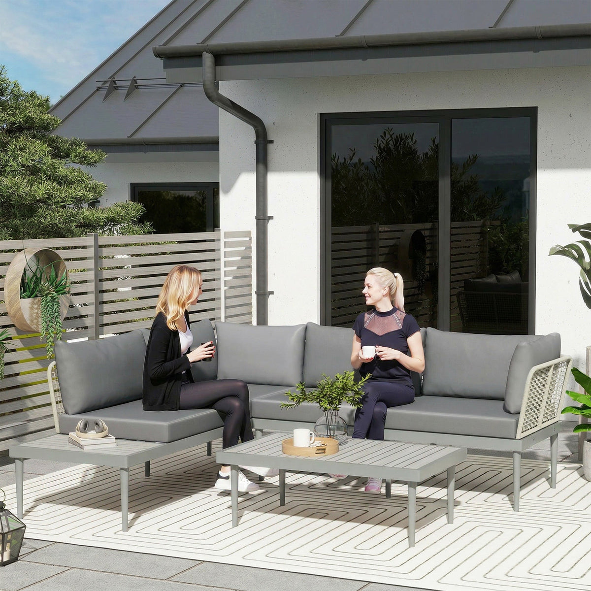 4-Seater L-Shaped Rattan Corner Sofa Set with Acacia Wood Coffee Table, Grey — product view 4
