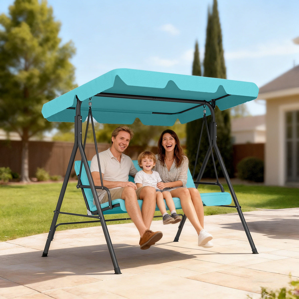 3 Seater Garden Swing Chair with Adjustable Canopy & Padded Seat, Blue — product view 3