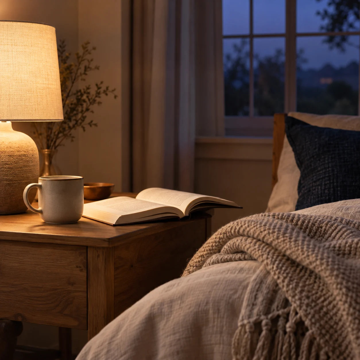 A softly lit evening corner with a book, mug and folded throw
