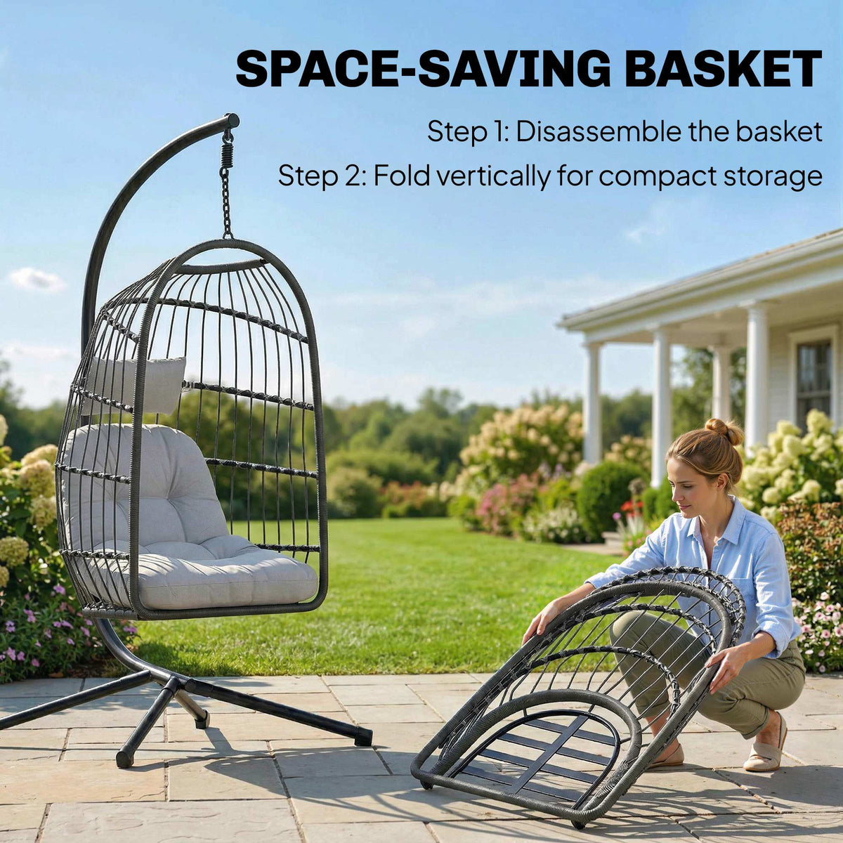 Hanging Egg Chair with Stand, Metal Frame and Adjustable Height, Dark Grey — product view 7