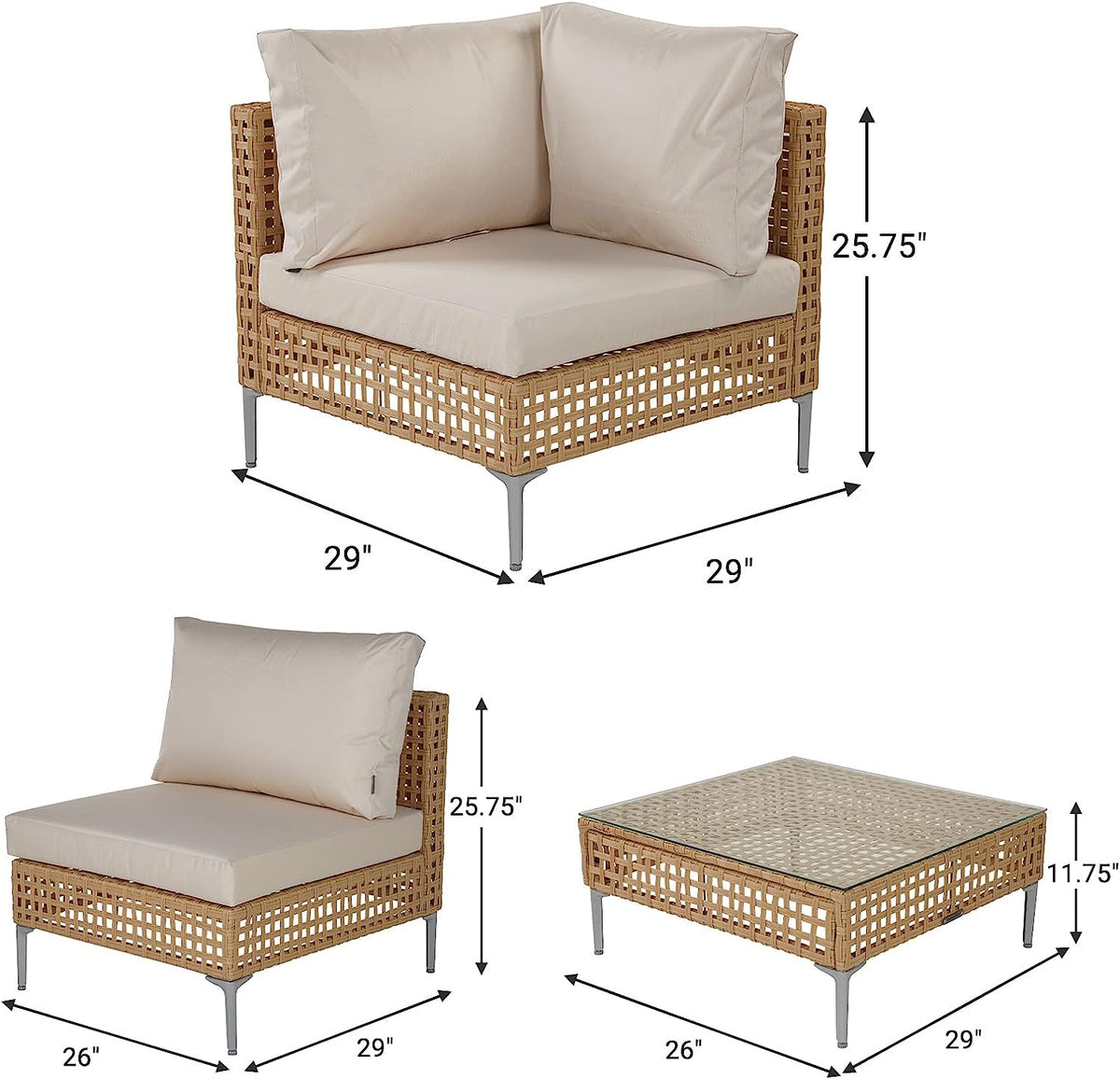LOUNGE YARD 6-Seat Conversation Sofa Set, Wicker Outdoor Sectional with Thick Beige Cushions — product view 5