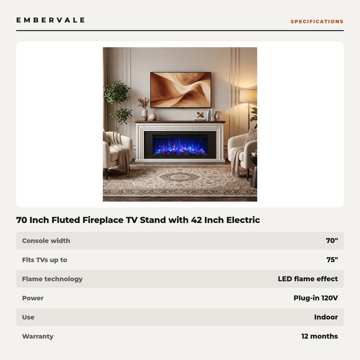 70 Inch Fluted Fireplace TV Stand with 42 Inch Electric Fireplace, Modern Farmhouse Media Console for 65-75 Inch TVs — product view 4