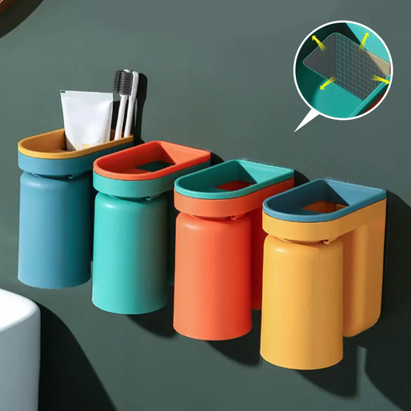 LoungeYard | Toothbrush Holder with Cup | Wall-Mounted | Self-Adhesive | ABS Plastic | 11.5×7×12.5cm — product view 4