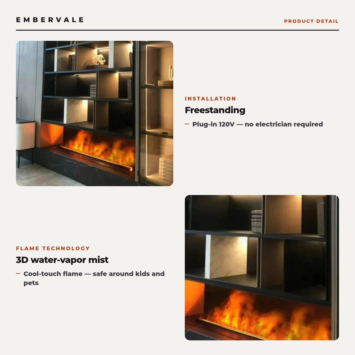 Smart Atomizing Fireplace Stove with Glass Panel, 3D Water Vapor Freestanding Electric Stove for Living Room — product view 2