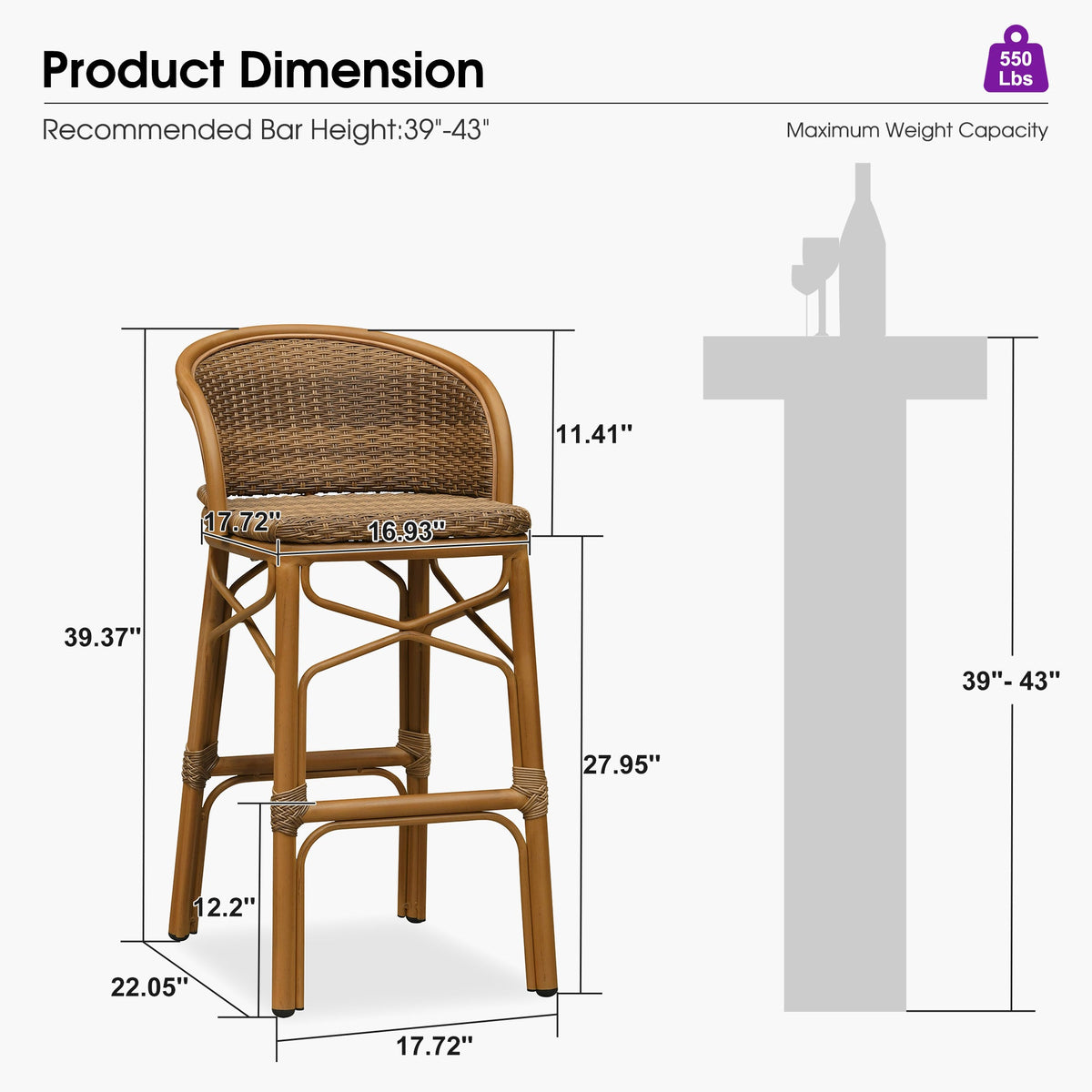 PURPLE LEAF Outdoor Bar Stools Set of 2 Rattan Patio Tall Bar Chairs Aluminum Frame with Back Barstools for Kitchen Garden Backyard Bistros Restaurant — product view 3