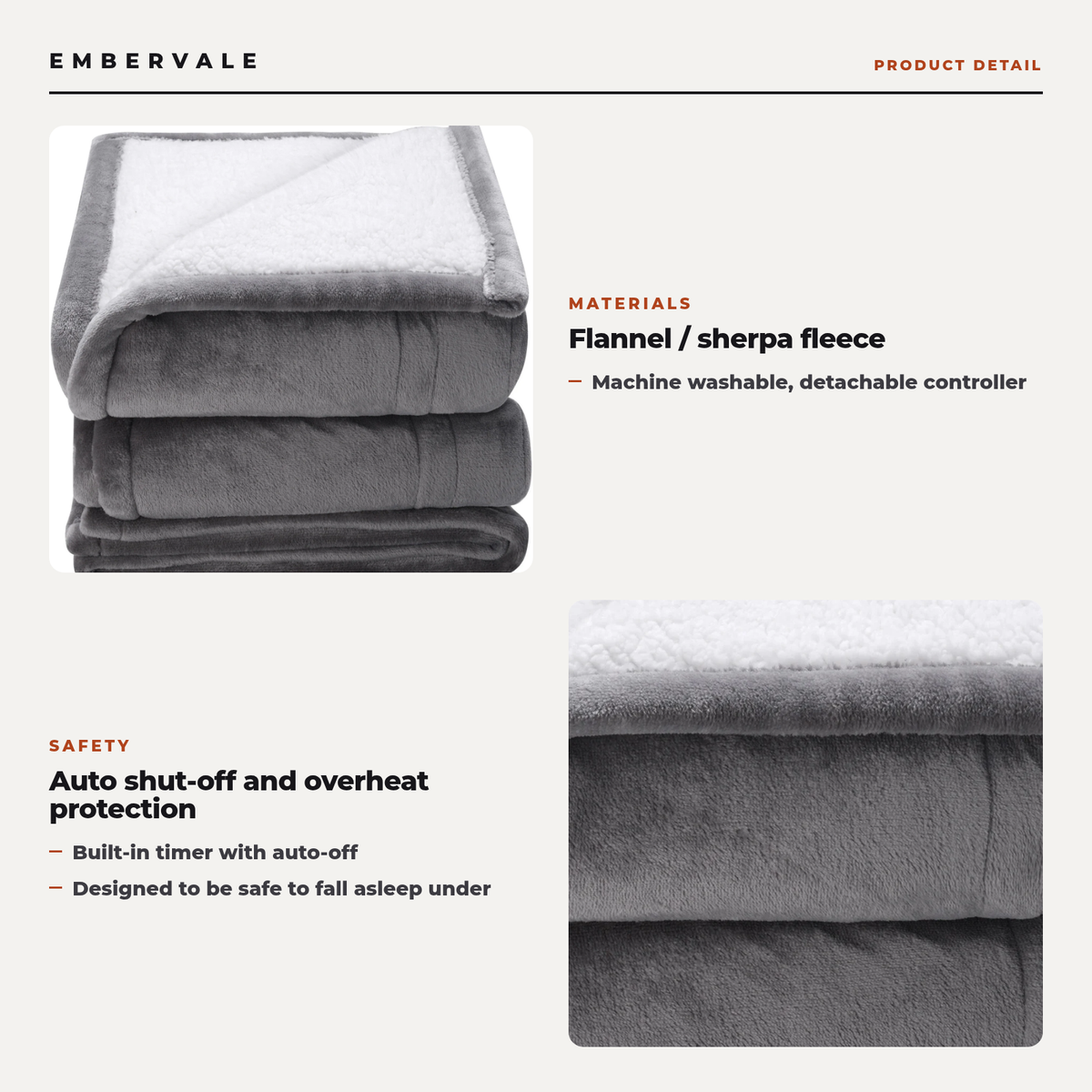 Electric Heated Throw Blanket, 5 Heat Levels, Soft Flannel Sherpa, Auto Shut-Off and Overheat Protection for Sofa and Bed — product view 2