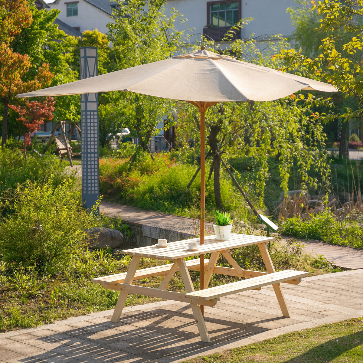 150 cm 6 Seater Wooden Picnic Table Bench with Parasol Hole, Natural Wood — product view 4