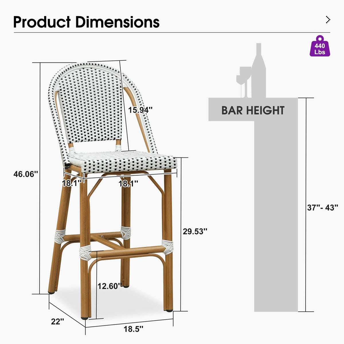 PURPLE LEAF Patio French Counter Stool Set of 2 Outdoor Backrest Barstools Aluminum Frame Woven Rattan for Indoor Kitchen Garden Balcony Restaurant — product view 6